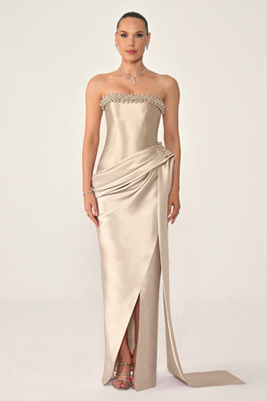 Strapless Beaded Side Train Ziberline Fabric Long Dress