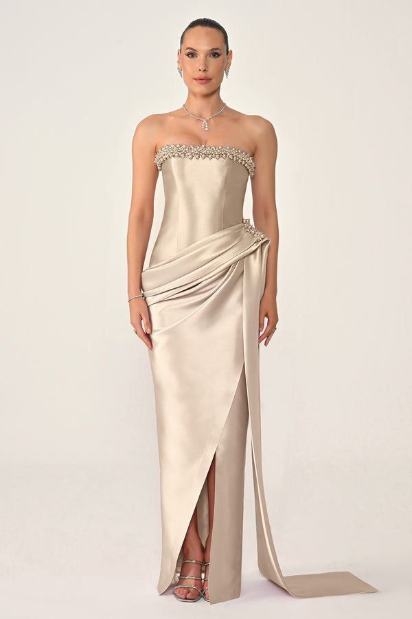 Strapless Beaded Side Train Ziberline Fabric Long Dress