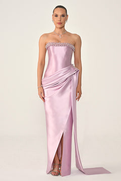 Strapless Beaded Side Train Ziberline Fabric Long Dress