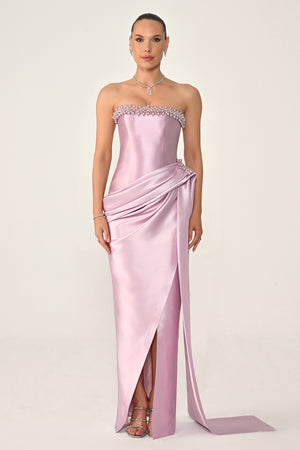 Strapless Beaded Side Train Ziberline Fabric Long Dress