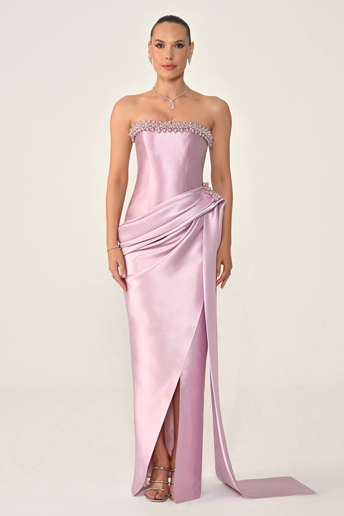 Strapless Beaded Side Train Ziberline Fabric Long Dress
