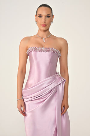 Strapless Beaded Side Train Ziberline Fabric Long Dress