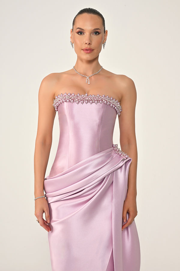 Strapless Beaded Side Train Ziberline Fabric Long Dress