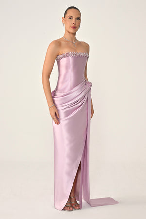 Strapless Beaded Side Train Ziberline Fabric Long Dress