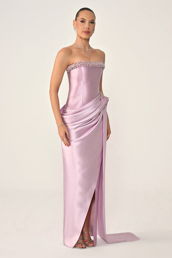 Strapless Beaded Side Train Ziberline Fabric Long Dress