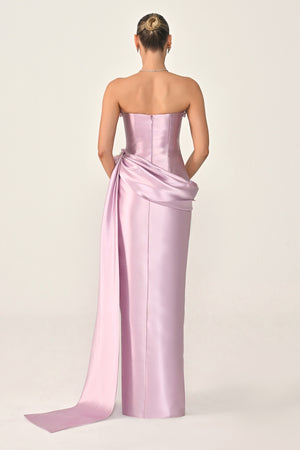 Strapless Beaded Side Train Ziberline Fabric Long Dress