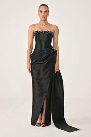 Strapless Beaded Side Train Ziberline Fabric Long Dress