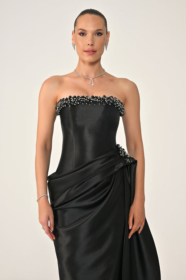 Strapless Beaded Side Train Ziberline Fabric Long Dress