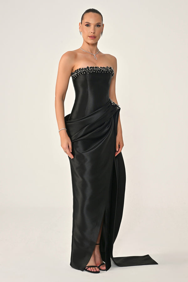 Strapless Beaded Side Train Ziberline Fabric Long Dress