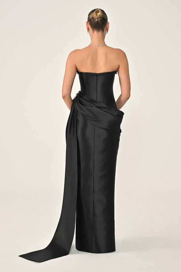 Strapless Beaded Side Train Ziberline Fabric Long Dress
