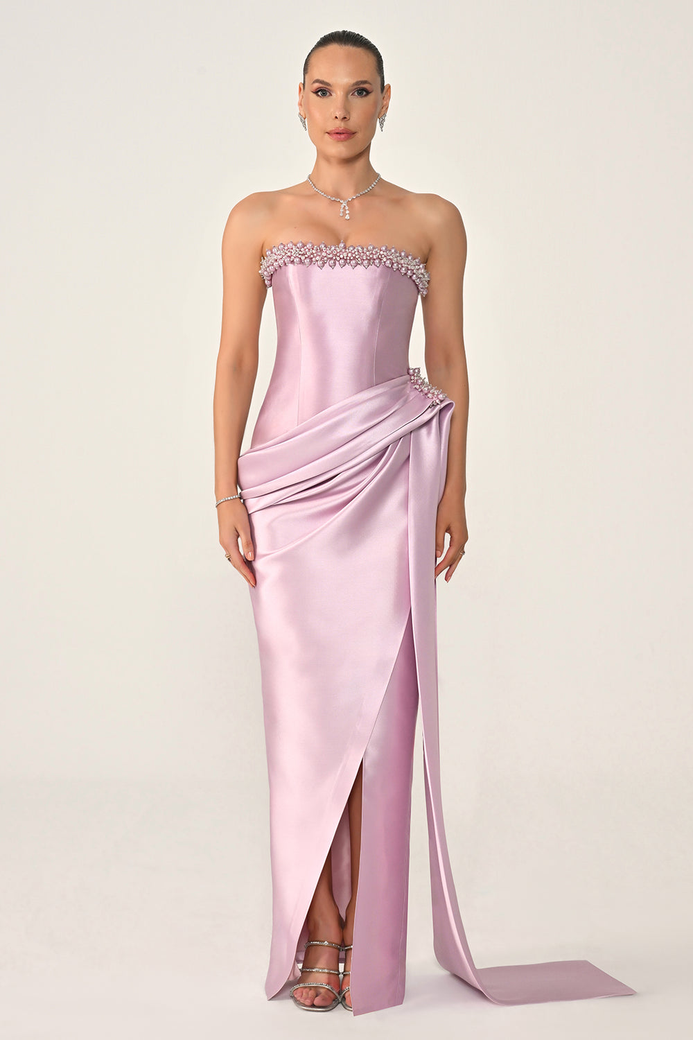Strapless Beaded Side Train Ziberline Fabric Long Dress