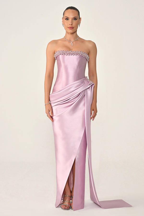 Strapless Beaded Side Train Ziberline Fabric Long Dress