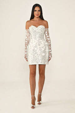 Strapless Sequin Short Dress with Floral Accessory Gloves