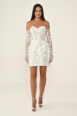 Strapless Sequin Short Dress with Floral Accessory Gloves