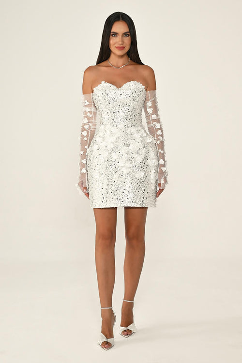 Strapless Sequin Short Dress with Floral Accessory Gloves