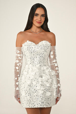 Strapless Sequin Short Dress with Floral Accessory Gloves