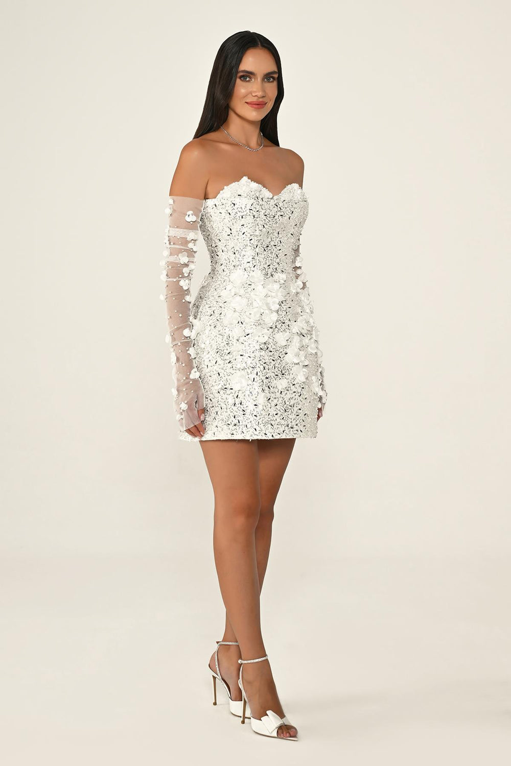 Strapless Sequin Short Dress with Floral Accessory Gloves