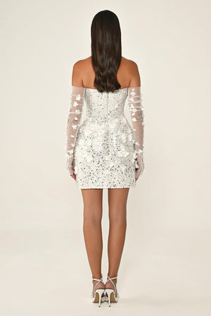 Strapless Sequin Short Dress with Floral Accessory Gloves