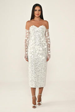Strapless Sequin Midi Dress with Floral Accessories and Gloves
