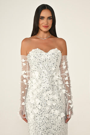 Strapless Sequin Midi Dress with Floral Accessories and Gloves