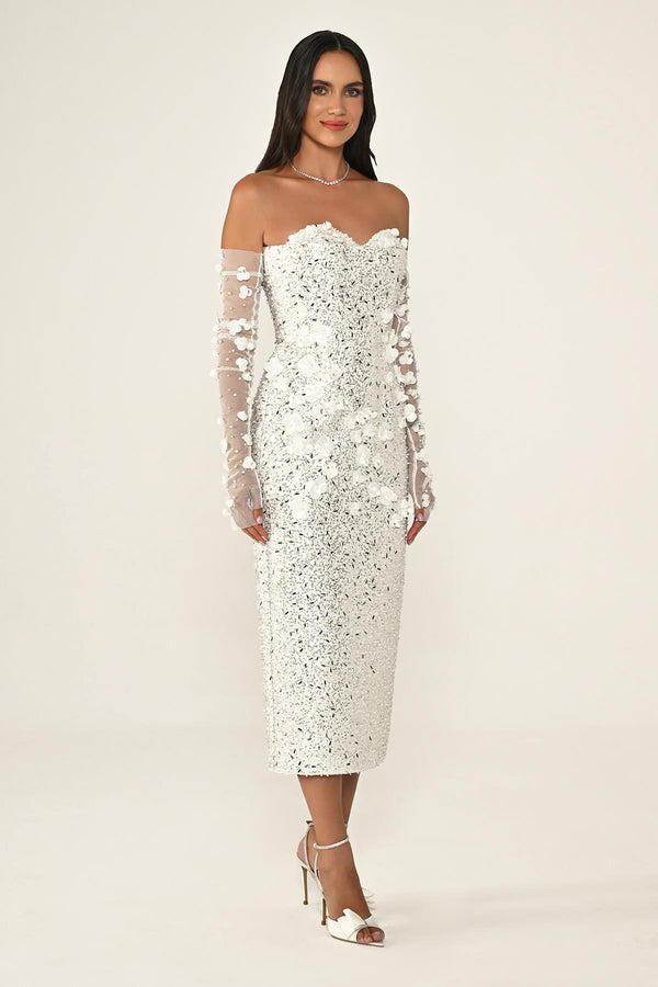 Strapless Sequin Midi Dress with Floral Accessories and Gloves