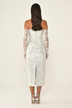 Strapless Sequin Midi Dress with Floral Accessories and Gloves