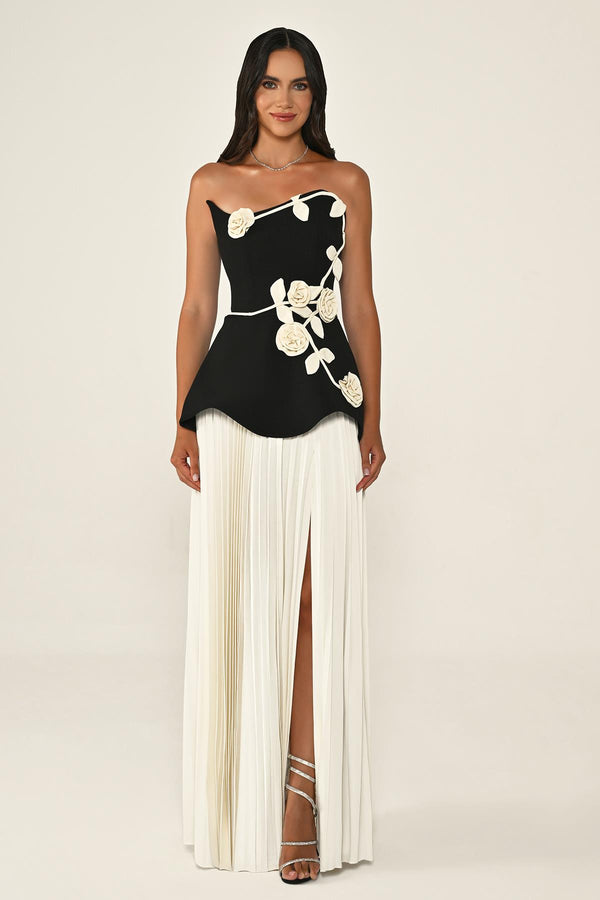 Strapless Chiffon Long Dress with Floral Embellishments on Crepe Bodice and Pleated Skirt
