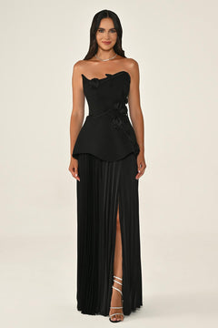 Strapless Chiffon Long Dress with Floral Embellishments on Crepe Bodice and Pleated Skirt