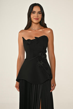 Strapless Chiffon Long Dress with Floral Embellishments on Crepe Bodice and Pleated Skirt