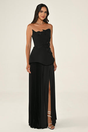 Strapless Chiffon Long Dress with Floral Embellishments on Crepe Bodice and Pleated Skirt