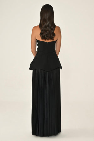 Strapless Chiffon Long Dress with Floral Embellishments on Crepe Bodice and Pleated Skirt