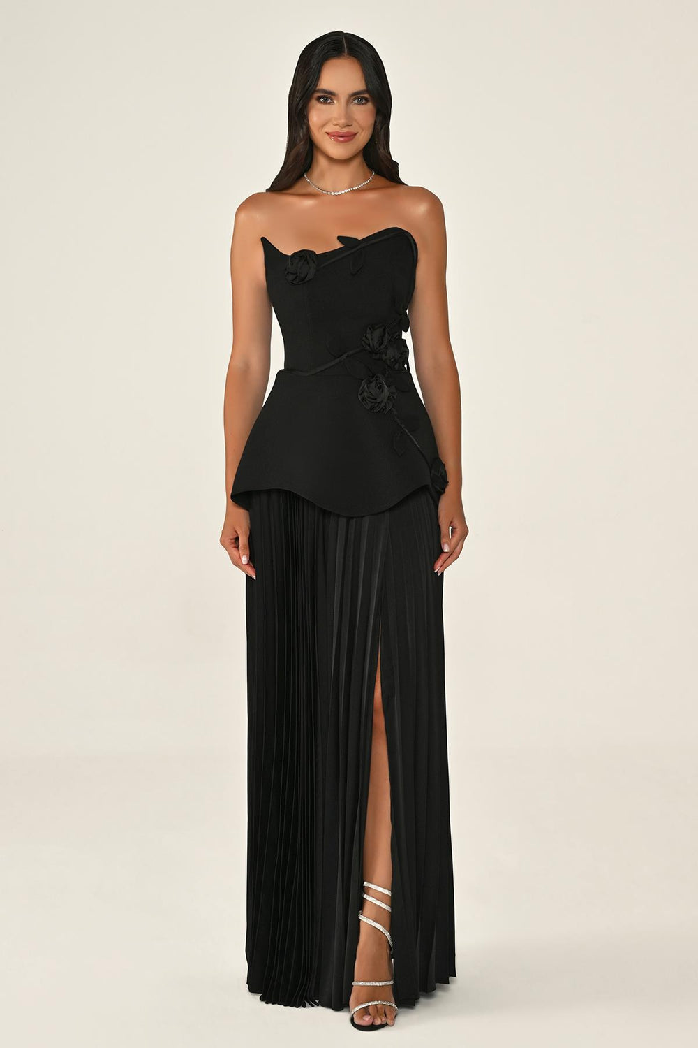 Strapless Chiffon Long Dress with Floral Embellishments on Crepe Bodice and Pleated Skirt