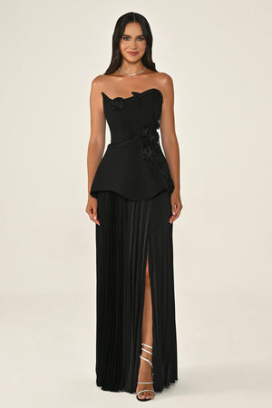 Strapless Chiffon Long Dress with Floral Embellishments on Crepe Bodice and Pleated Skirt