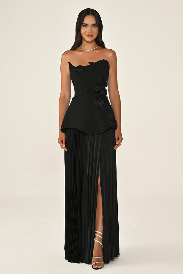 Strapless Chiffon Long Dress with Floral Embellishments on Crepe Bodice and Pleated Skirt