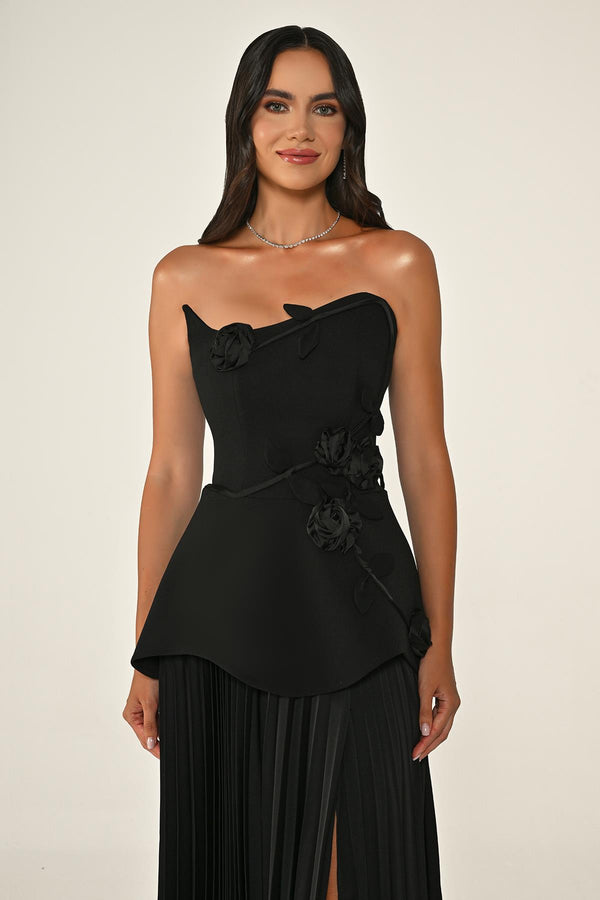 Strapless Chiffon Long Dress with Floral Embellishments on Crepe Bodice and Pleated Skirt
