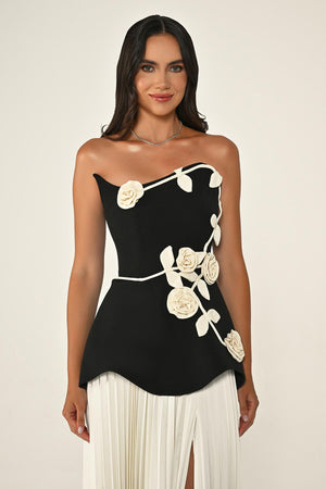 Strapless Chiffon Long Dress with Floral Embellishments on Crepe Bodice and Pleated Skirt