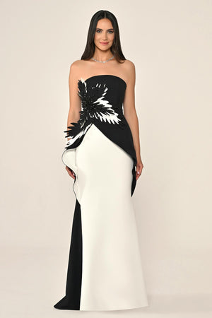 Strapless Long Dress with Floral Embellishments