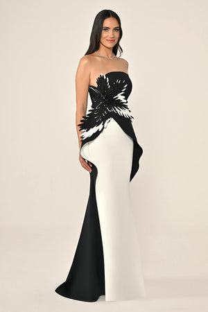 Strapless Long Dress with Floral Embellishments