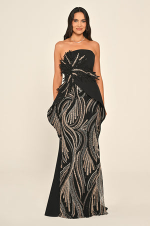 Strapless Floral Embellished Sequin Asymmetric Cut Crepe Long Dress