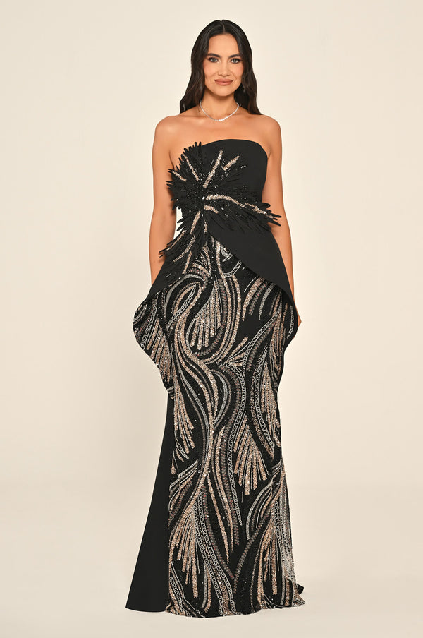 Strapless Floral Embellished Sequin Asymmetric Cut Crepe Long Dress