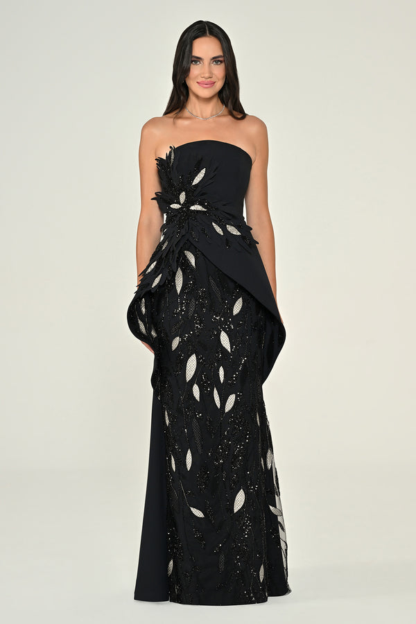 Strapless Floral Embellished Sequin Asymmetric Cut Crepe Long Dress