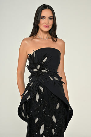 Strapless Floral Embellished Sequin Asymmetric Cut Crepe Long Dress