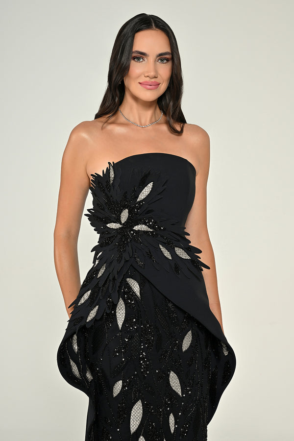 Strapless Floral Embellished Sequin Asymmetric Cut Crepe Long Dress