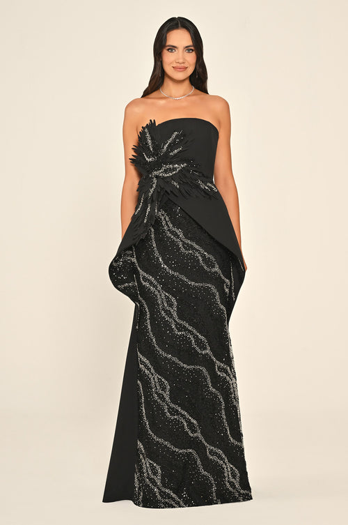 Strapless Floral Embellished Sequin Asymmetric Cut Crepe Long Dress