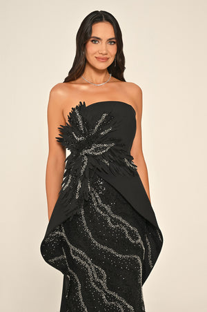 Strapless Floral Embellished Sequin Asymmetric Cut Crepe Long Dress