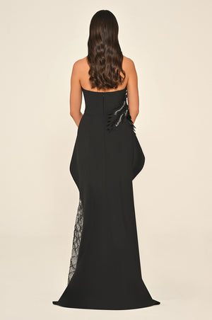 Strapless Floral Embellished Sequin Asymmetric Cut Crepe Long Dress