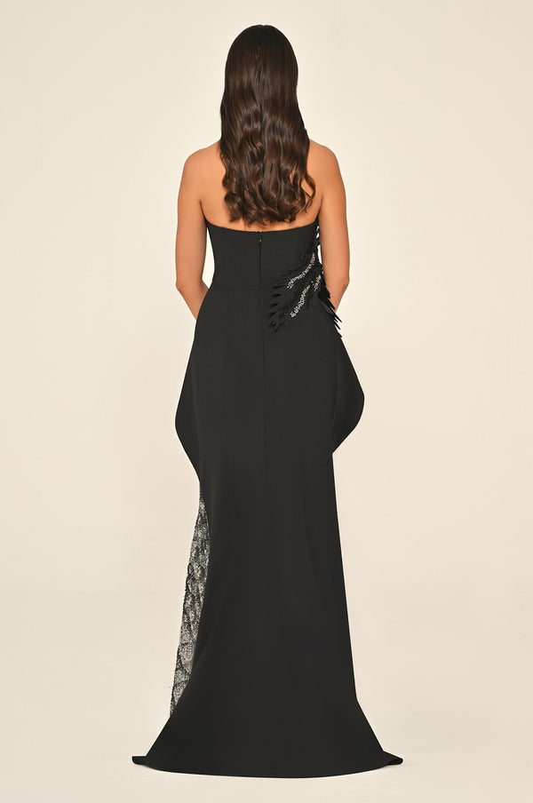 Strapless Floral Embellished Sequin Asymmetric Cut Crepe Long Dress