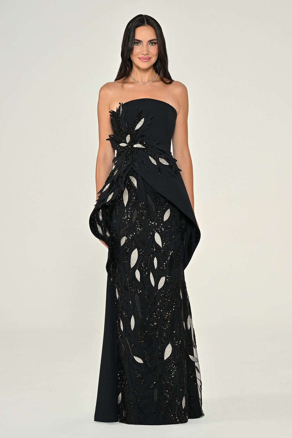 Strapless Floral Embellished Sequin Asymmetric Cut Crepe Long Dress