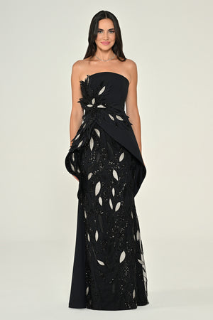 Strapless Floral Embellished Sequin Asymmetric Cut Crepe Long Dress