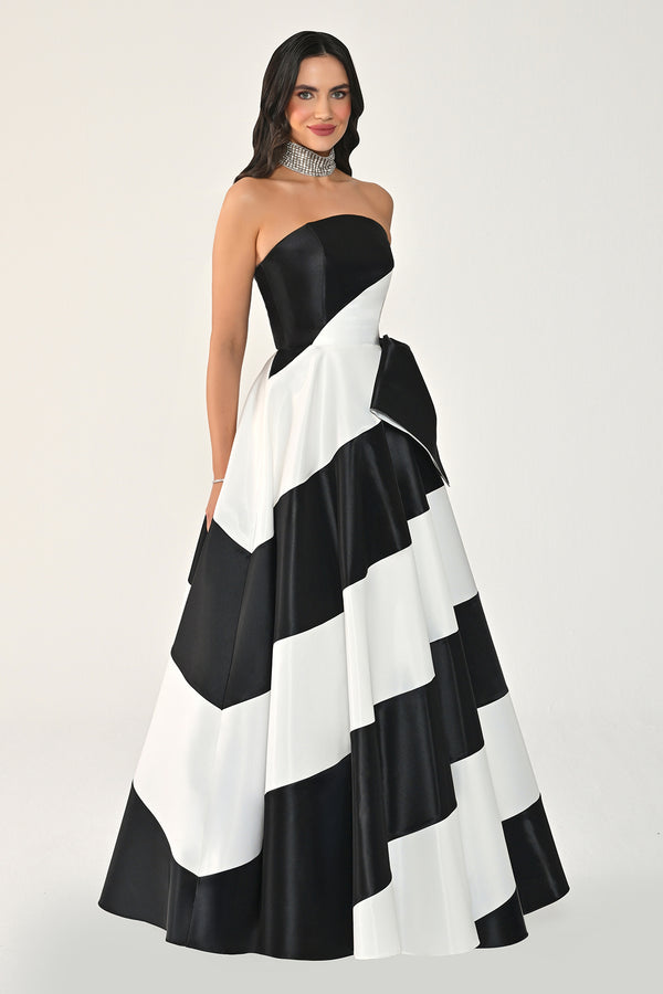 Strapless Two-Tone Princess Cut Satin Organza Long Dress